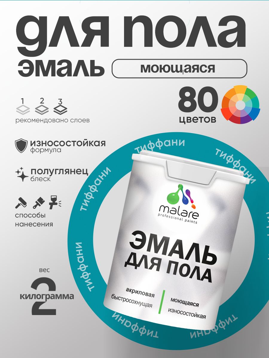 Эмаль для пола акриловая Malare краска для бетонных полов по дереву/ износостойкая без запаха, быстросохнущая моющаяся полуглянцевая, тиффани, 2 кг