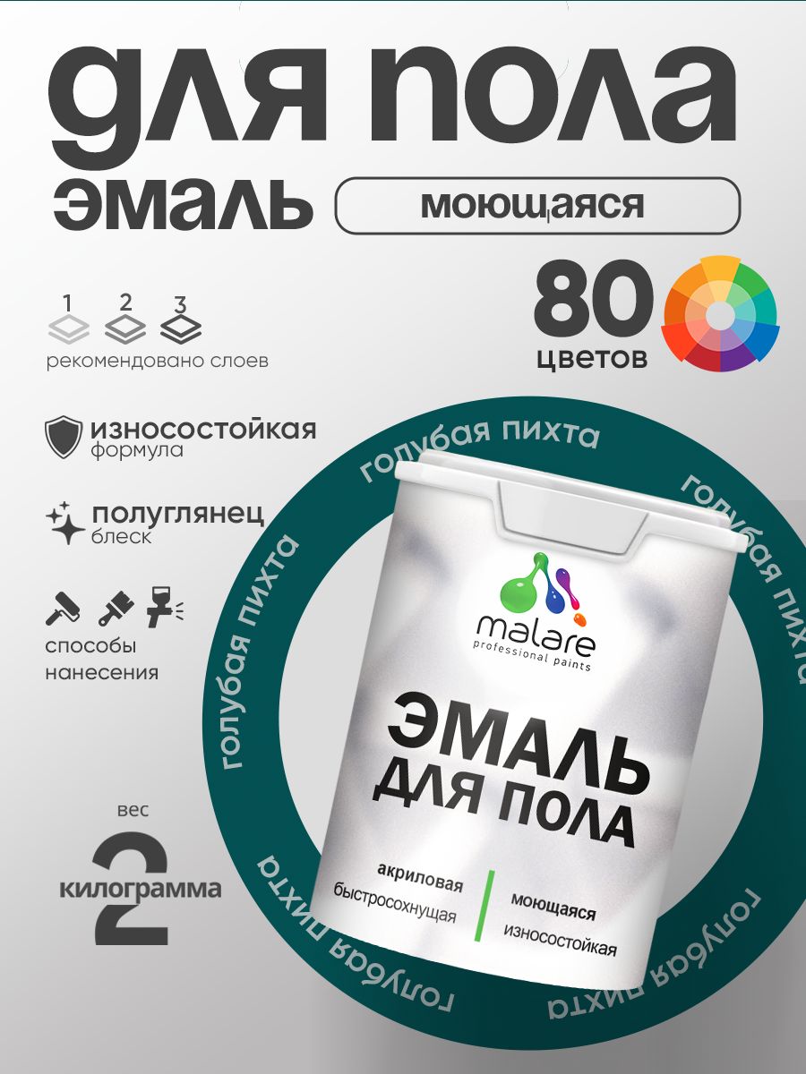 Эмаль для пола акриловая Malare краска для бетонных полов по дереву/ износостойкая без запаха, быстросохнущая моющаяся полуглянцевая, голубая пихта, 2 кг