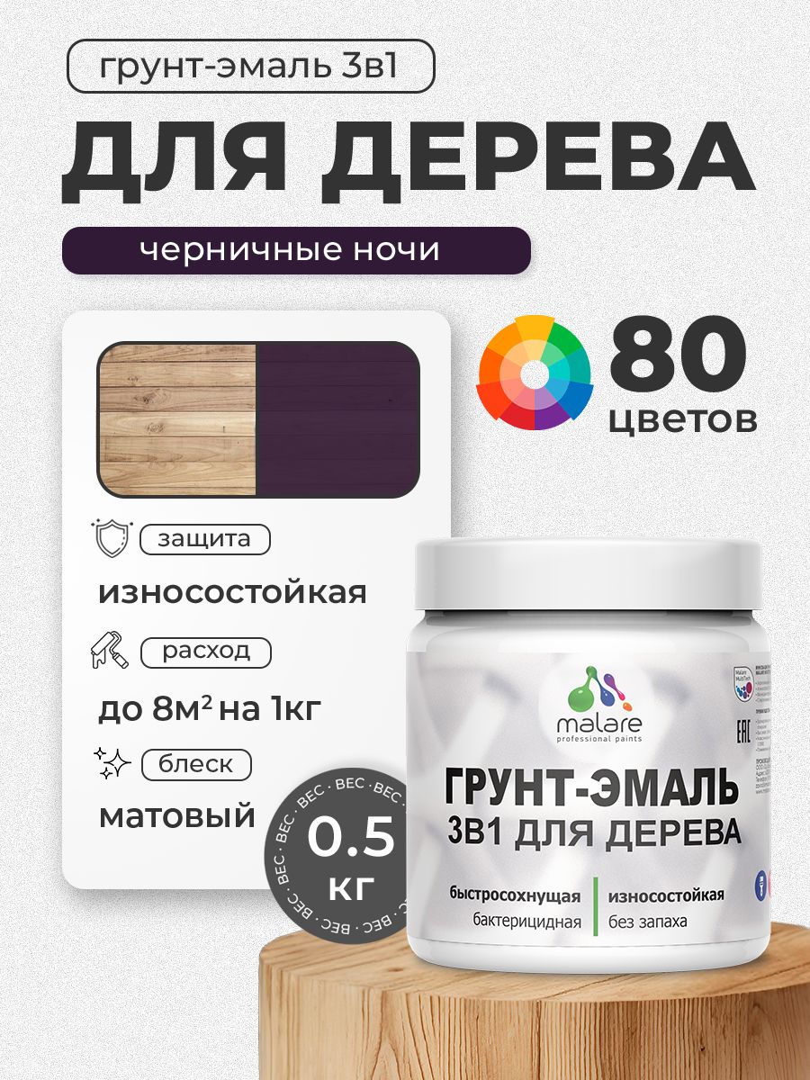 Акриловая Грунт-Эмаль 3 в 1 Malare для деревянных поверхностей с антисептическим эффектом, быстросохнущая, моющаяся без запаха матовая, черничные ночи, 0.5 кг