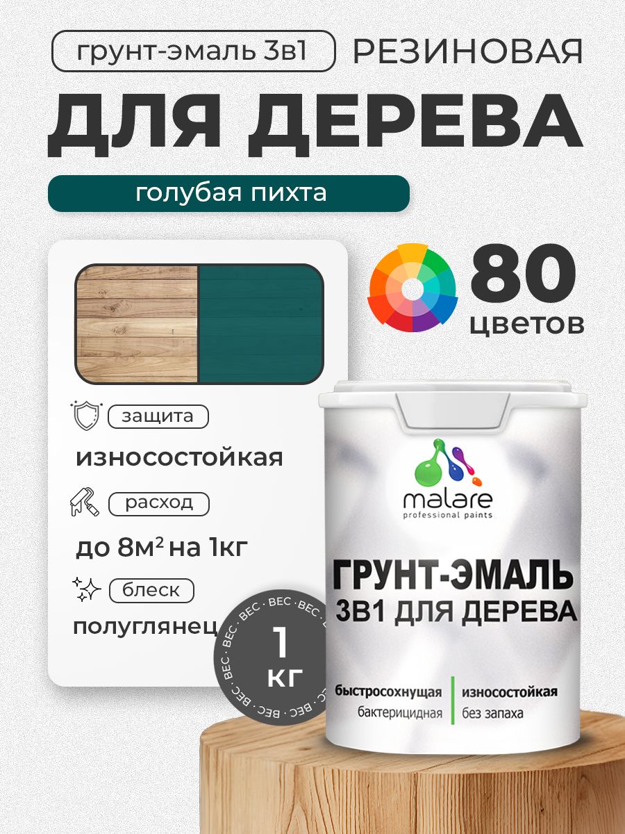 Латексная Грунт-Эмаль 3 в 1 Malare для деревянных поверхностей с антисептическим эффектом, быстросохнущая моющаяся без запаха полуглянцевая, голубая пихта, 1 кг