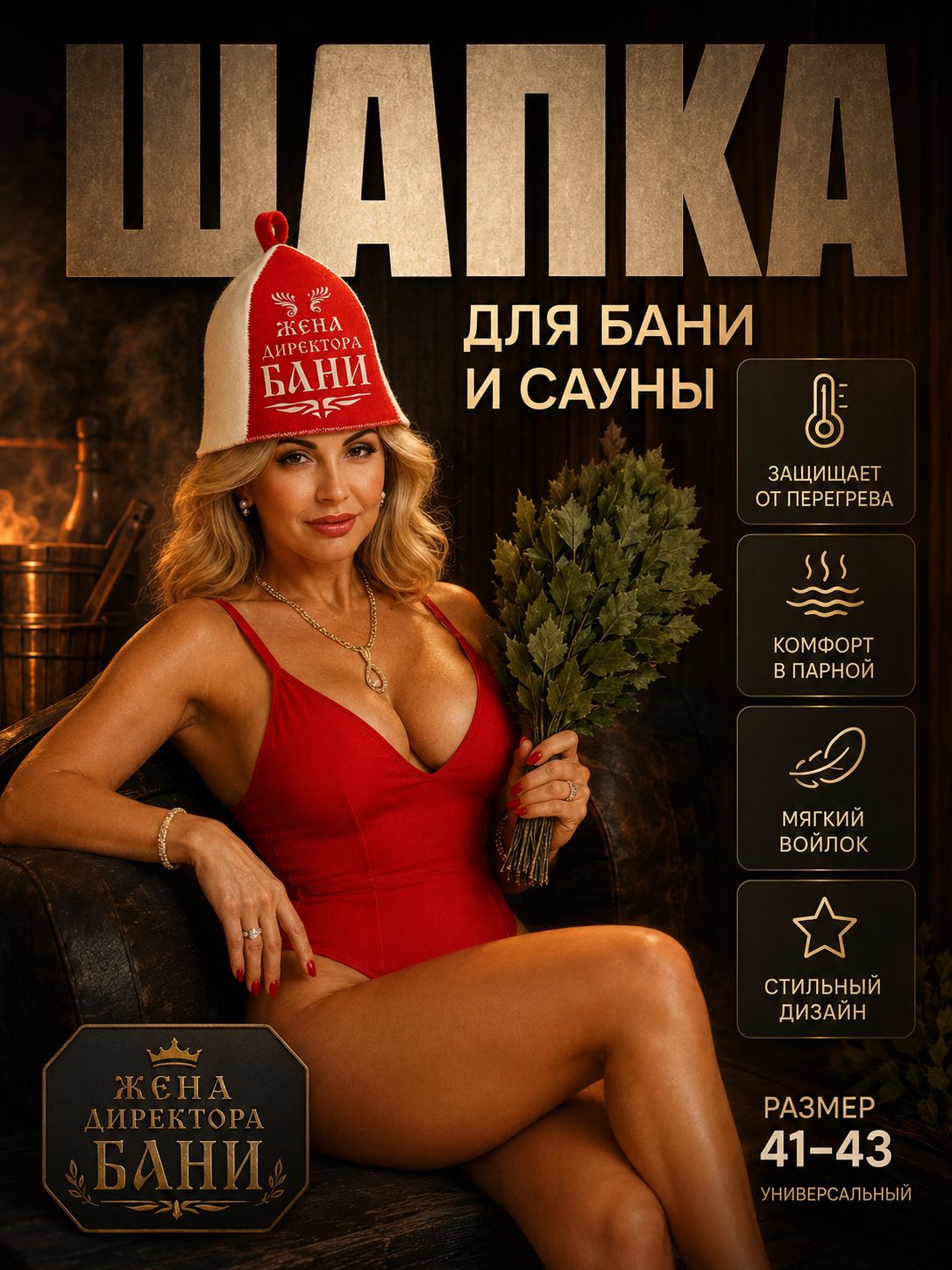 Шапка для бани и сауны "Жена директора бани" женская, войлочная, универсальный размер, Добропаровъ