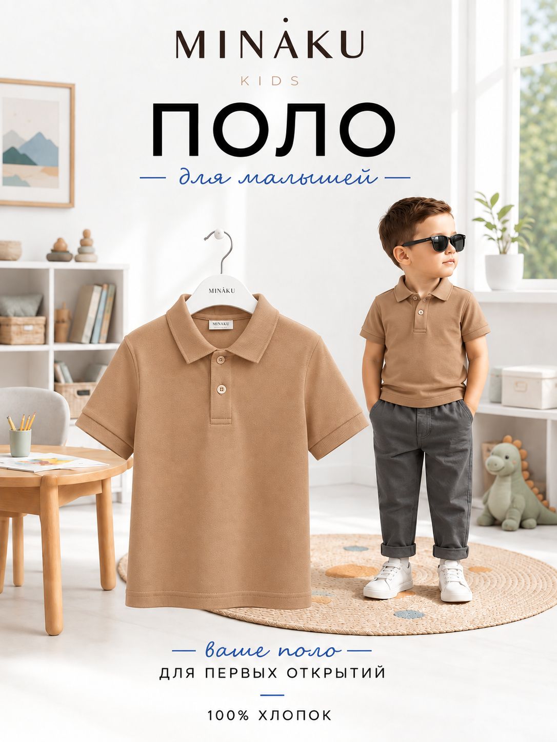 Поло для мальчиков, для девочек, MINAKU бежевый, 104