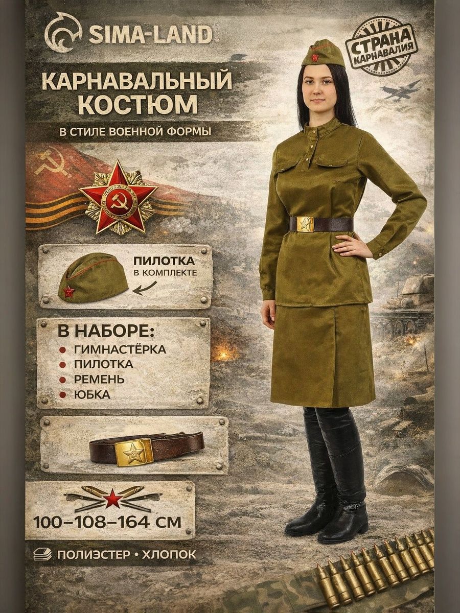 Военная форма женская, Страна Карнавалия "Военный", гимнастерка, юбка, ремень, пилотка, размер 100-108-164