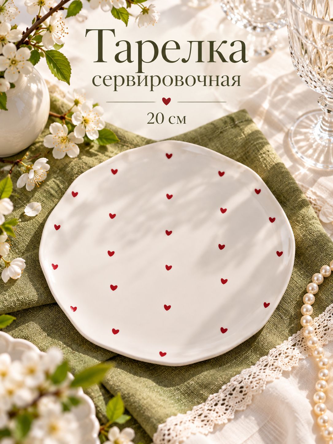 Тарелка сервировочная 20 см "Уютный дом. Сердечки", керамическая