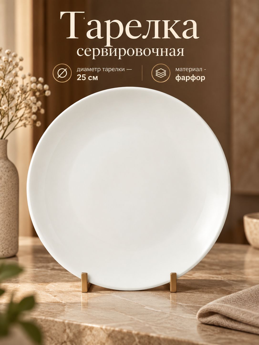 Тарелка сервировочная 25 см, Доляна White Label, фарфоровая