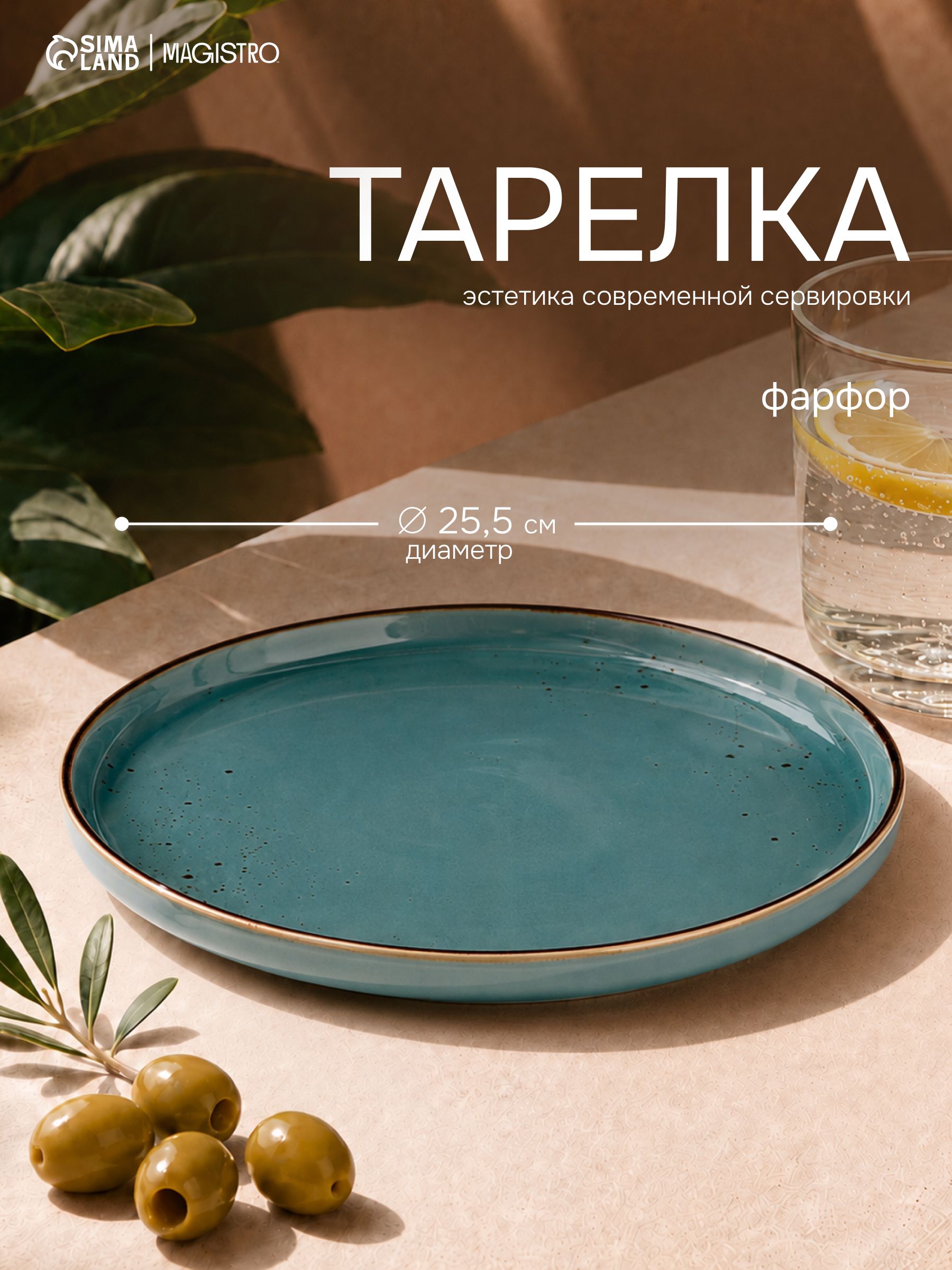 Тарелка обеденная, диаметр 25,5 см с бортиком, Magistro "Церера", фарфоровая, сервировочная, голубая