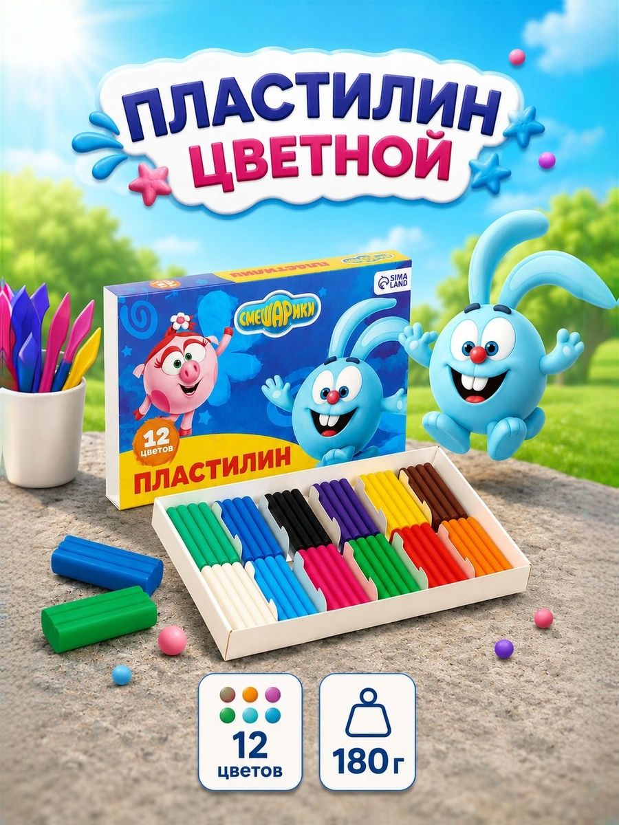 Пластилин детский мягкий / пластилин для школы "Смешарики", 12 цветов в наборе