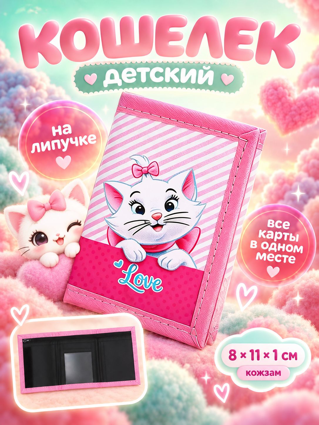 Кошелек детский для девочки, Disney "Кошечка Мари", размер 24 х 11 х 1 см