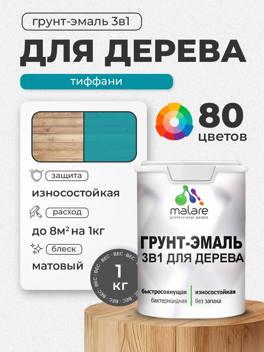 Акриловая Грунт-Эмаль 3 в 1 Malare для деревянных поверхностей с антисептическим эффектом, быстросохнущая, моющаяся без запаха матовая, тиффани, 1 кг