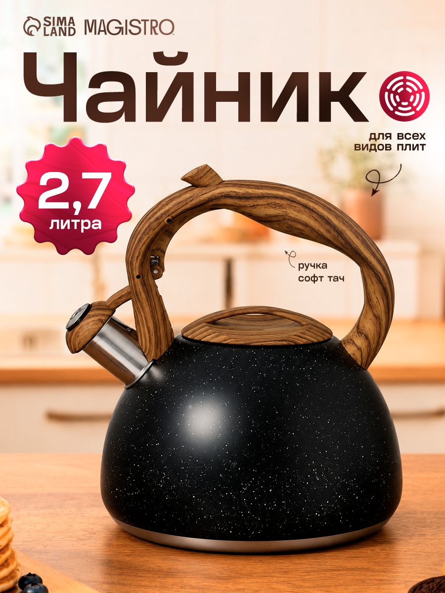 Чайник со свистком для всех плит и индукции 2.7 л Magistro Stone, из нержавеющей стали с ручкой софт-тач, черный