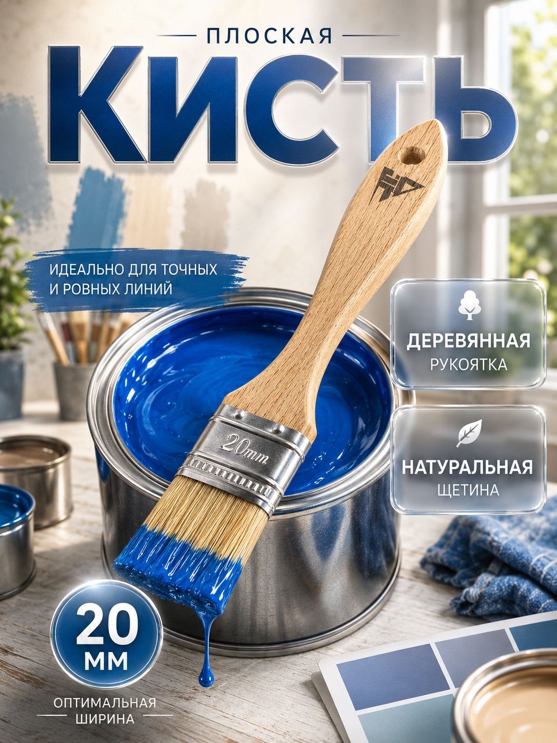 Кисть малярная плоская ЛОМ 20 мм, натуральная щетина, На фото — предложение продавца
