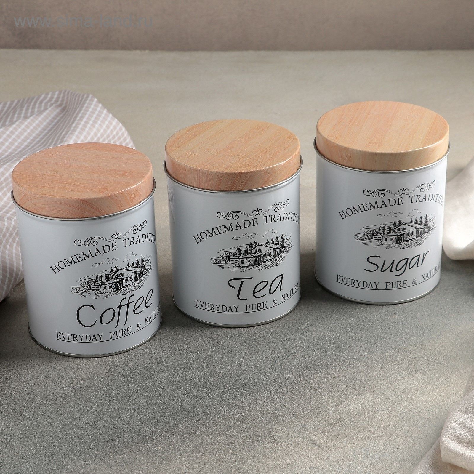Банки для сыпучих продуктов "Sugar, Coffee, Tea", объем 1.2 л, набор 3 шт, 10,5x14 см, жесть, На фото — предложение продавца