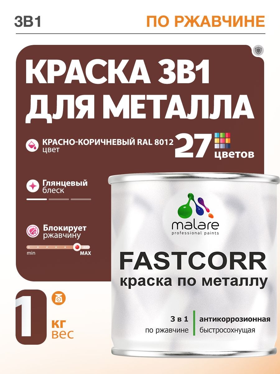 Краска для металла по ржавчине Malare FastCorr, для наружных работ износостойкая, быстросохнущая RAL 8012 красно-коричневый, глянцевая, 1 кг, На фото — предложение продавца