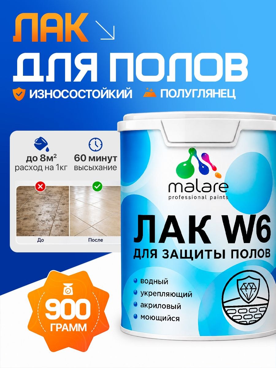 Лак для защиты пола Malare W6 для паркета и ламината, для мебели, для дерева и минеральных поверхностей, водный без запаха быстросохнущий, прозрачный полуглянцевый, 0.9 кг.
