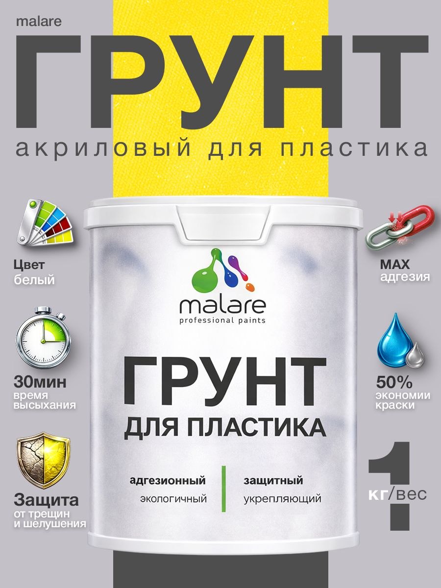 Грунт для пластика Malare акриловый адгезионный, без запаха быстросохнущий, белый, 1 кг., На фото — предложение продавца