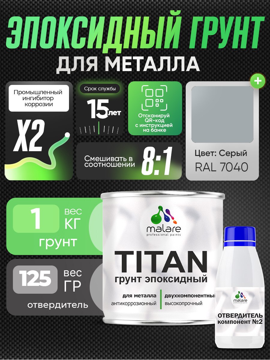 2К Грунт эпоксидный для металла TITAN Malare, двухкомпонентная грунтовка антикоррозионная высокопрочная, серый RAL 7040, 1 кг + 125 гр отвердитель