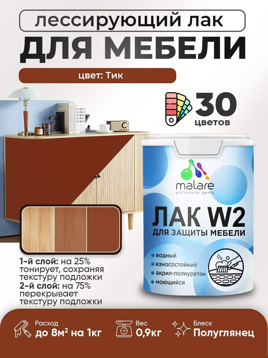 Лак колерованный тонирующий лак для мебели Malare W2 для кухонных фасадов, для дерева и минеральных поверхностей, акриловый быстросохнущий без запаха, полуглянцевый, тик, 0.9 кг., На фото — предложение продавца