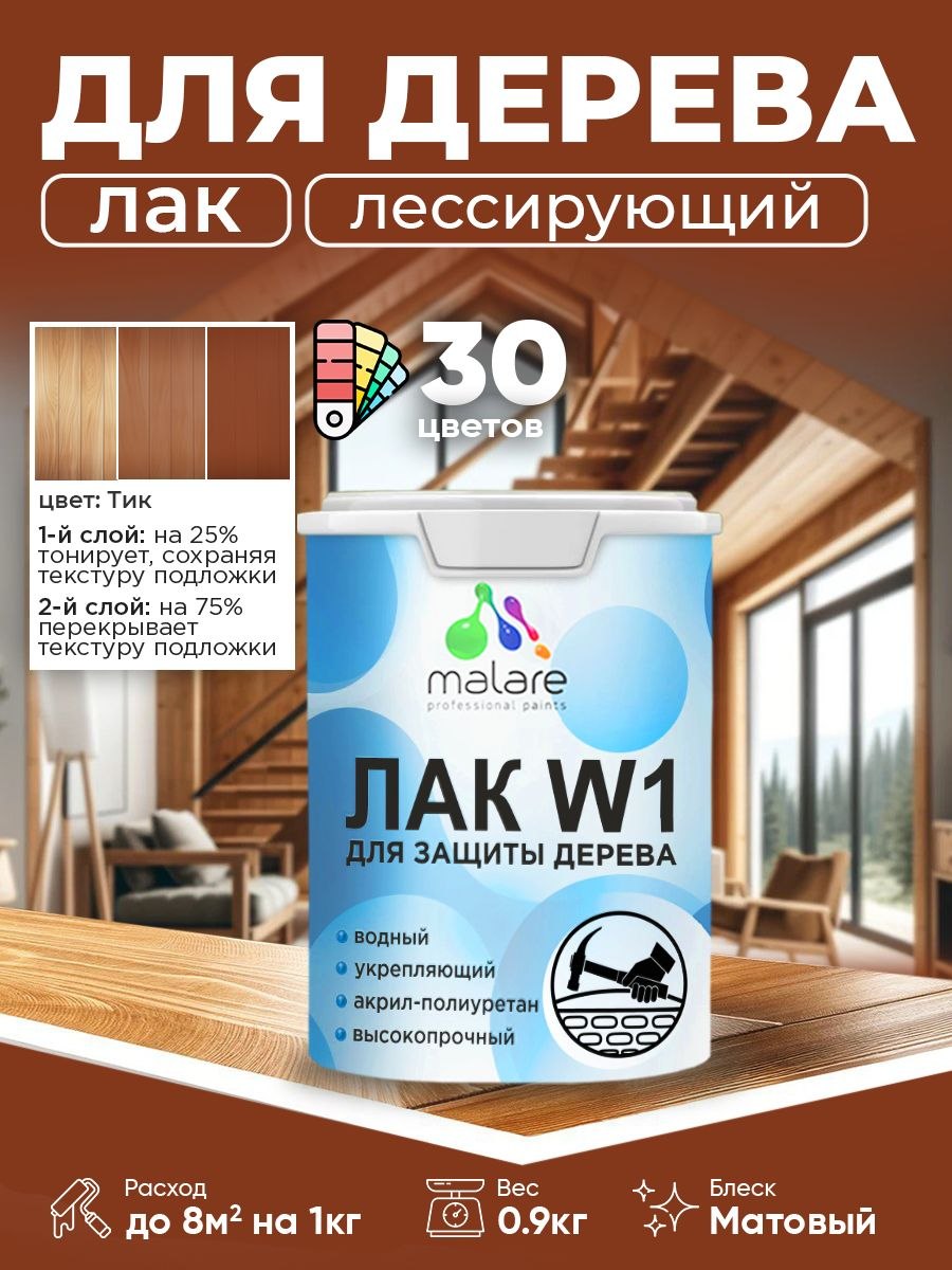 Лак колерованный тонирующий для дерева Malare W1 для деревянных и минеральных поверхностей, моющийся без запаха быстросохнущий, матовый, тик, 0.9 кг., На фото — предложение продавца