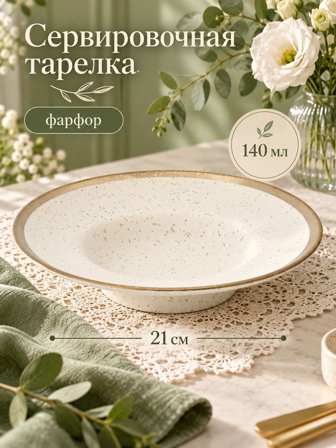 Тарелка глубокая 140 мл, 21 см, Magistro "Poursephona", для пасты, фарфоровая, цвет бежевый