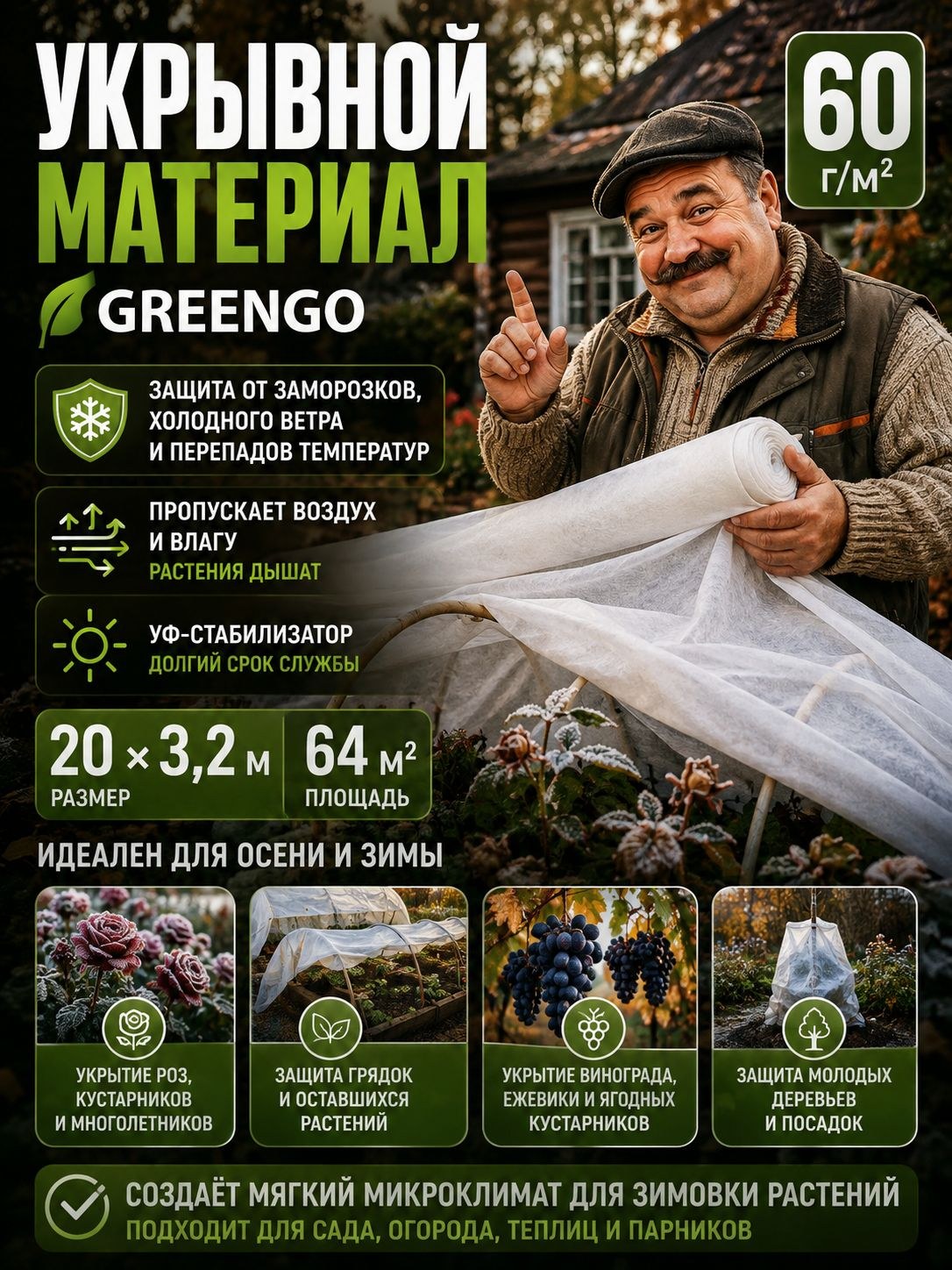 Укрывной материал для растений Greengo 20х3,2 м, спанбонд 60 г/м, 64 м, белый, с УФ-стабилизатором, на зиму, На фото — предложение продавца