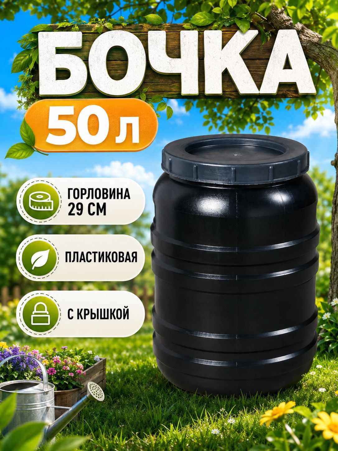 Бочка пластиковая 50 л с крышкой, широкая горловина 29 см, хозяйственная ёмкость для хранения, На фото — предложение продавца