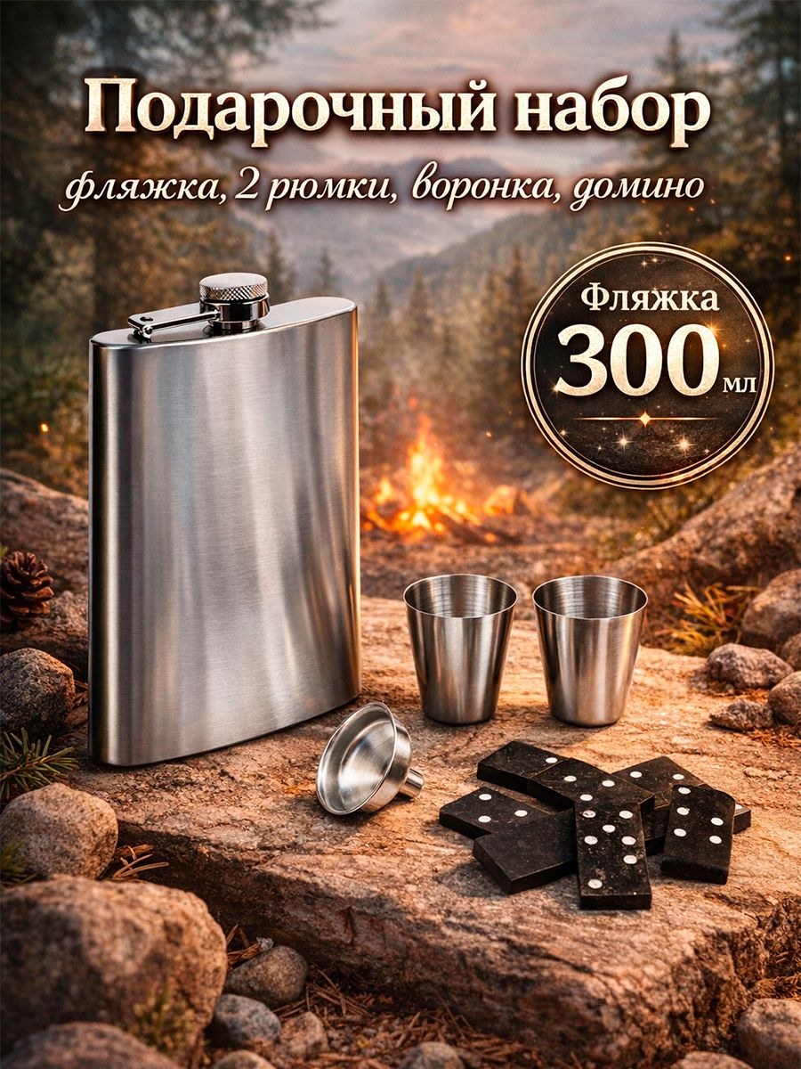 Подарочный набор 5 в 1, фляжка 300 мл, рюмки 30 мл, воронка, домино, На фото — предложение продавца