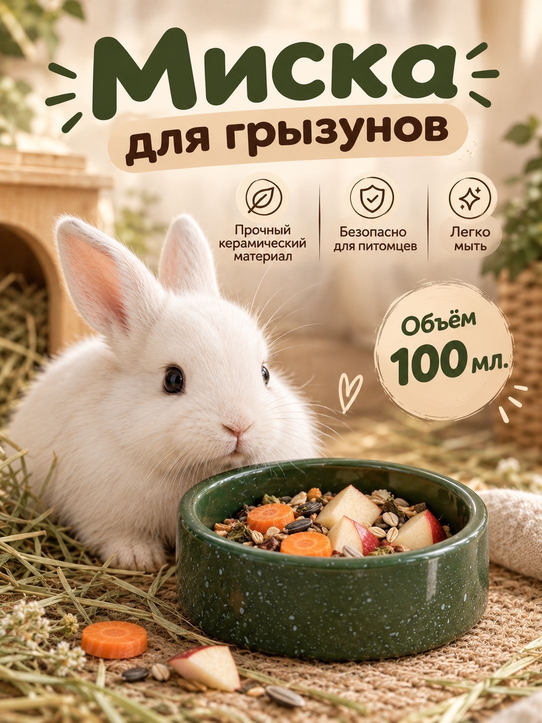 Миска для грызунов керамическая, 100 мл, 8.5x3 см, зелёная, На фото — предложение продавца