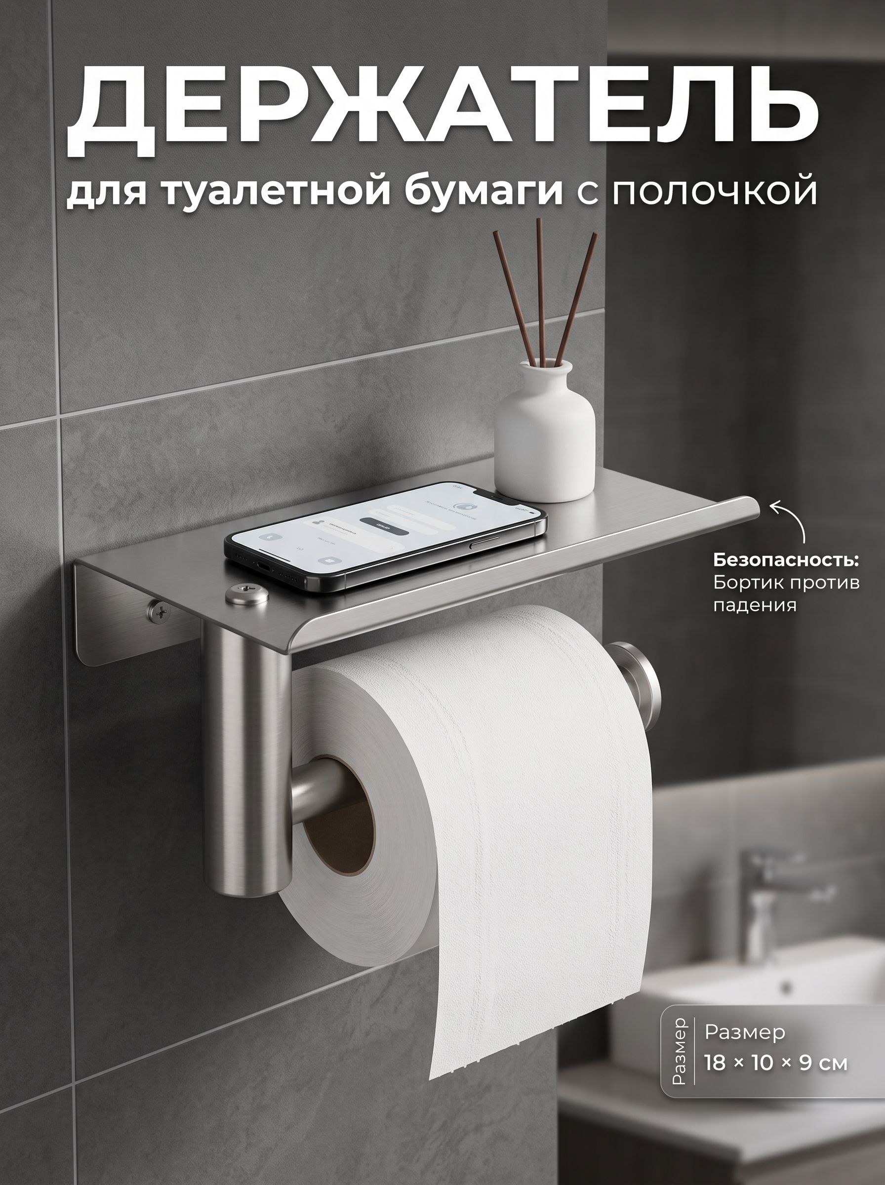Держатель для туалетной бумаги с полочкой, 18х10х9 см, металлический