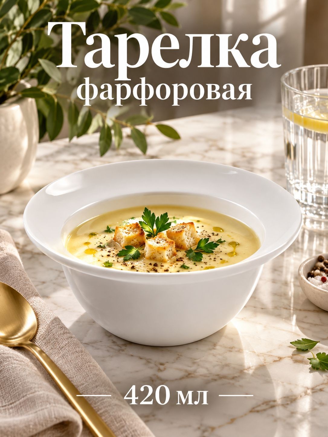 Тарелка глубокая фарфоровая Magistro "Бланш", объем 420 мл, размер 15,3х7 см, цвет белый, На фото — предложение продавца