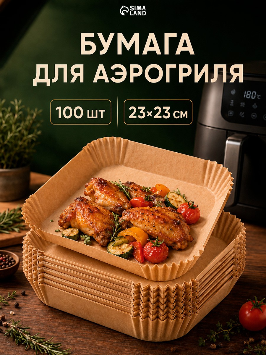 Форма для запекания и аэрогриля, размер 23x23 см, пергамент, набор 100 шт, квадратная, На фото — предложение продавца