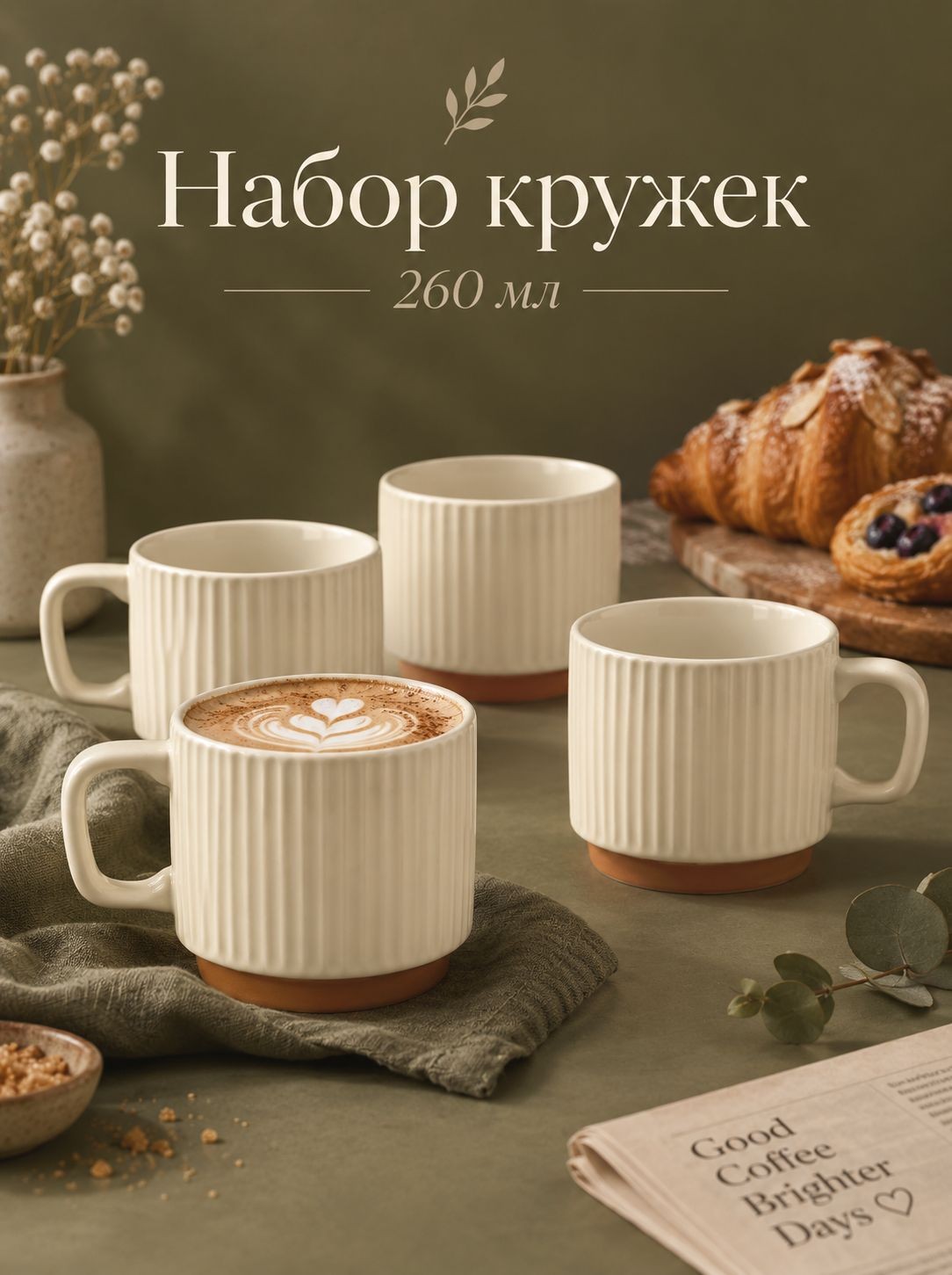 Кружки Loft, набор 4 шт., 260 мл, керамика, бежевые
