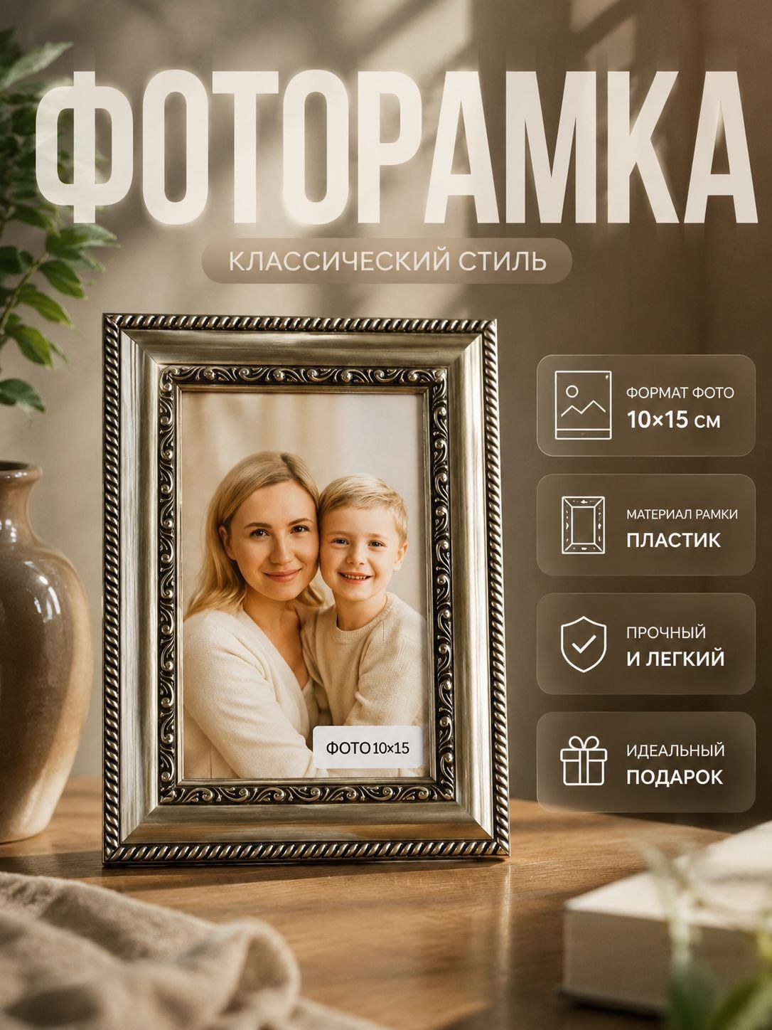 Фоторамка пластик, 10х15 см, рамка для фото серебряная черная / рамка для картин, постера, творчества / для интерьера, На фото — предложение продавца