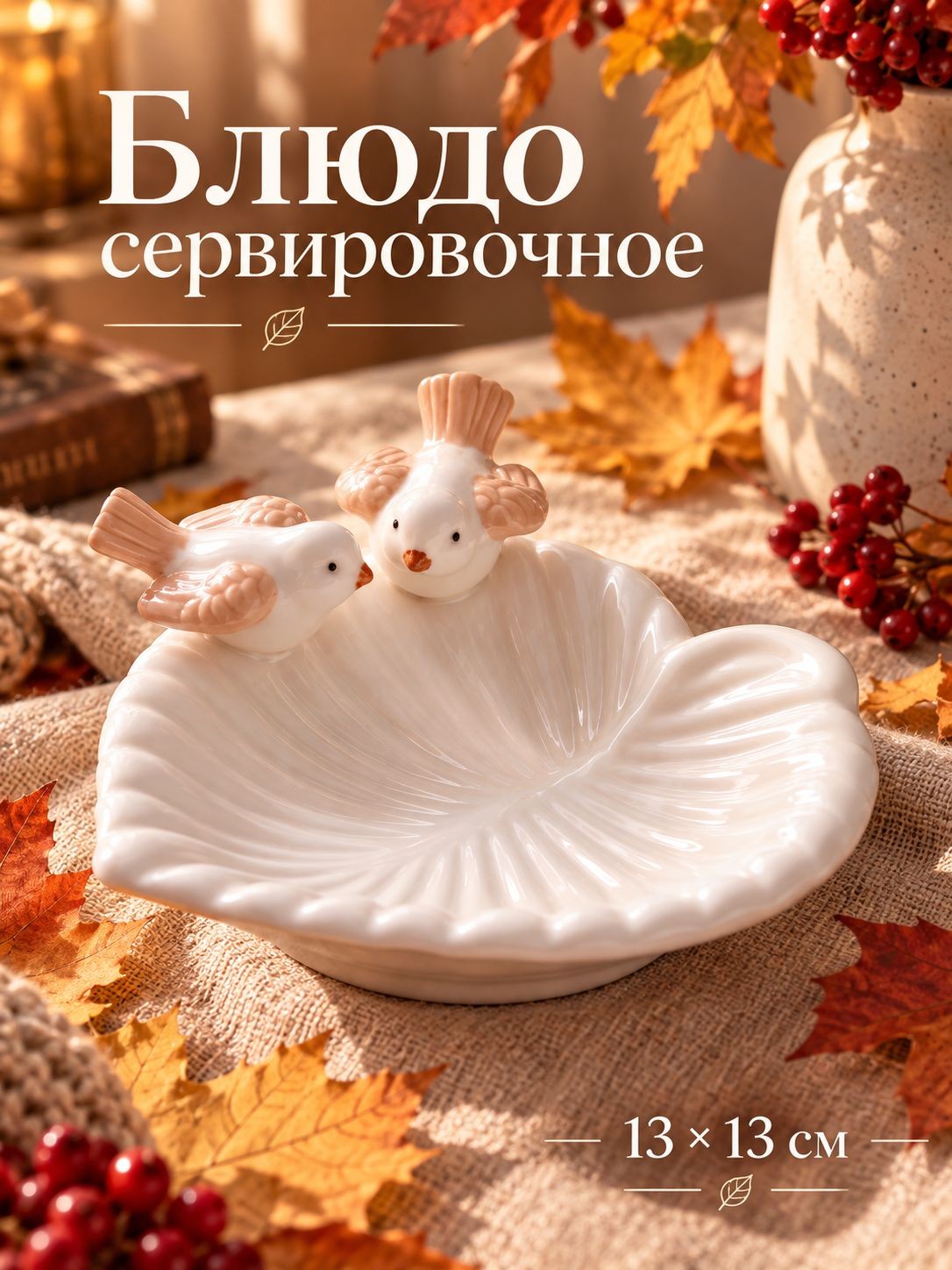 Блюдо сервировочное, 13х13 см, "Голубки на листочке", керамическое, цвет белый