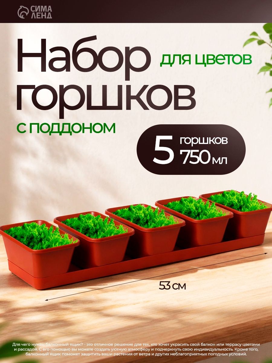 Горшки для рассады 0.75 л с поддоном, набор 5 шт, кашпо для цветов комнатных и уличных, пластиковые, На фото — предложение продавца