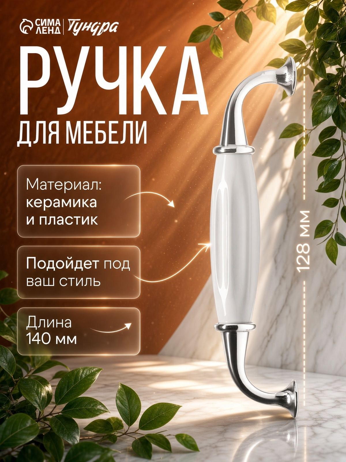 Ручка для мебели скоба керамическая 128 мм , цвет хром, На фото — предложение продавца