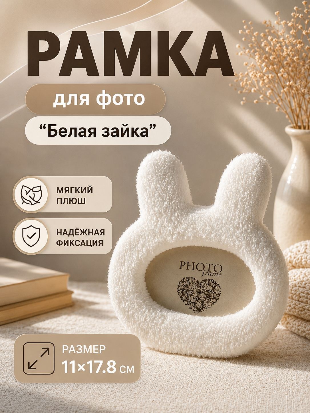 Фоторамка меховая Белая зайка, плюшевая рамка для фото, 11 x 17,8 см