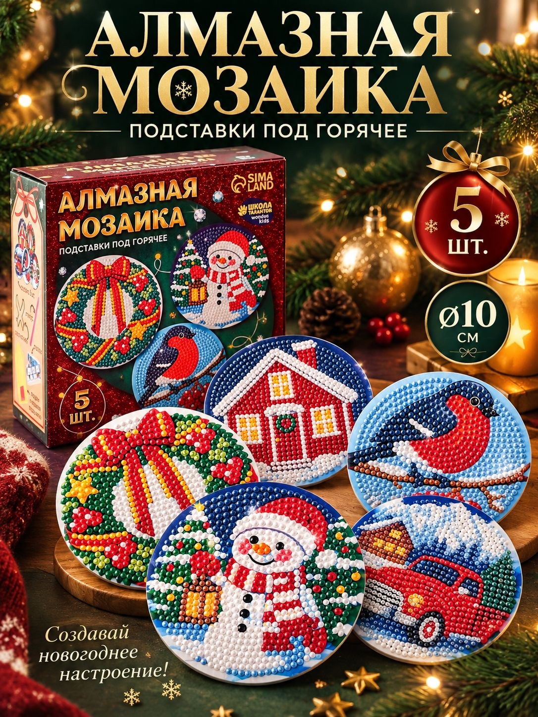 Алмазная мозаика подставка под кружку, "Сказочный праздник", 5 штук, 10 см, алмазная мозаика новогодняя, На фото — предложение продавца