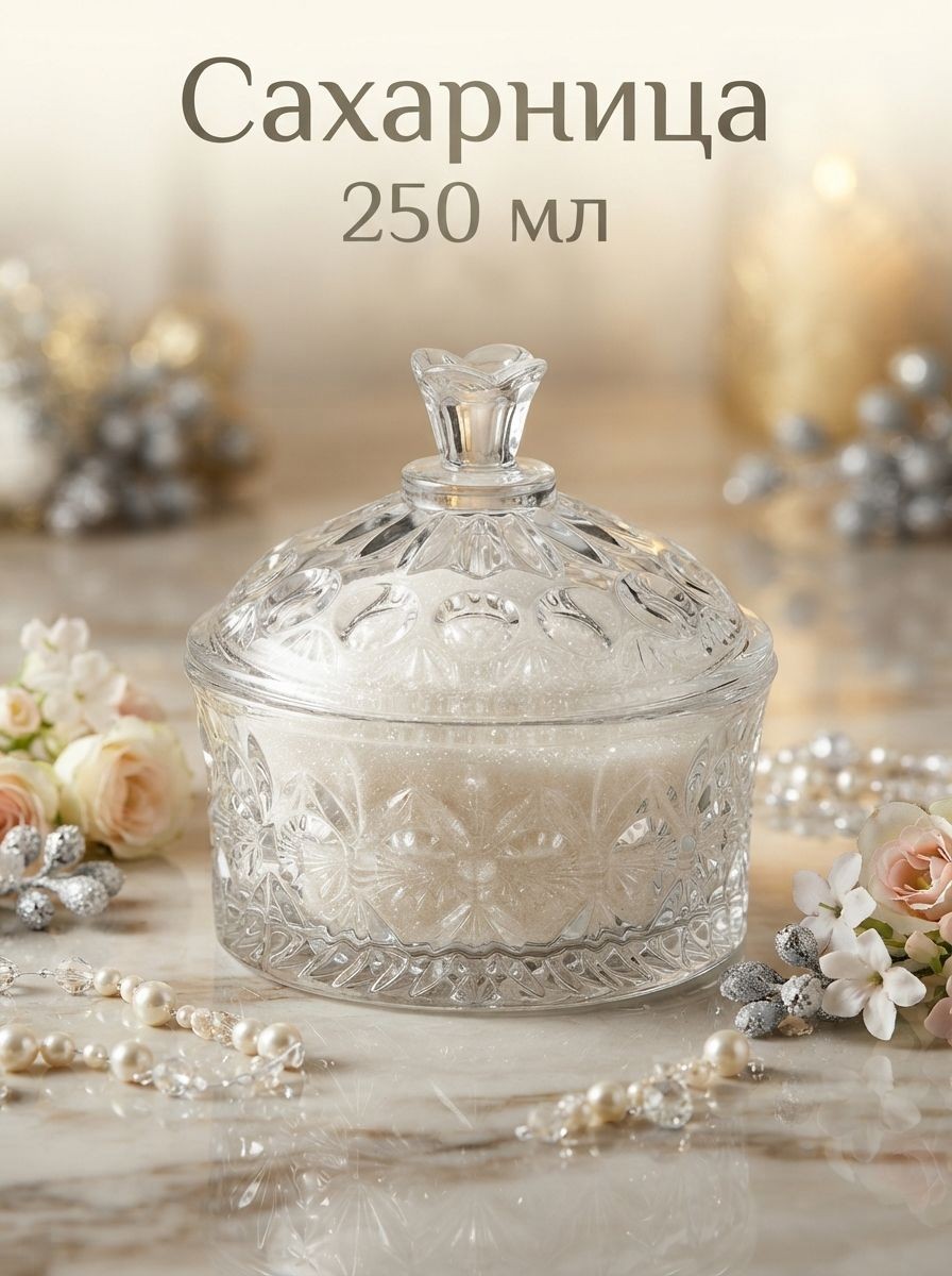 Сахарница стеклянная с крышкой "Круги", емкость для сыпучих продуктов, 250 мл, На фото — предложение продавца