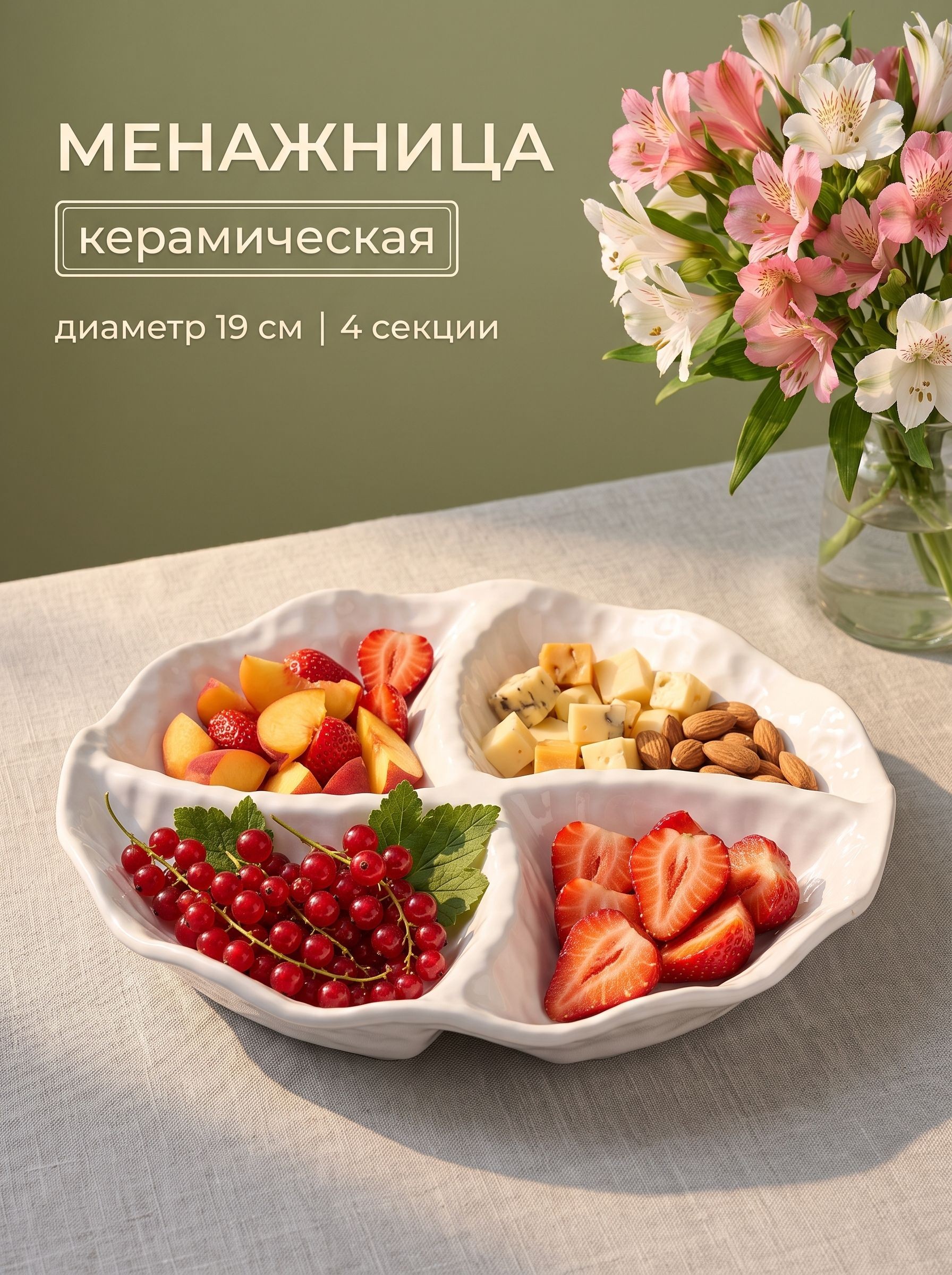 Менажница керамическая белая 4 секции, размер 19х3 см, Magistro "Воздушность"