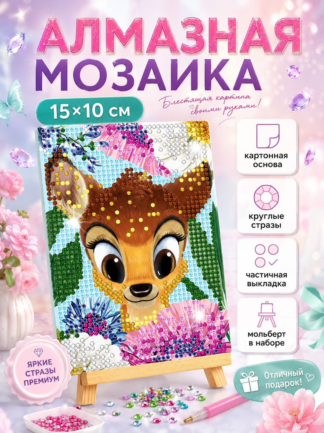 Алмазная мозаика для девочки "Бэмби" Disney, с мольбертом, размер 15 х 10 см