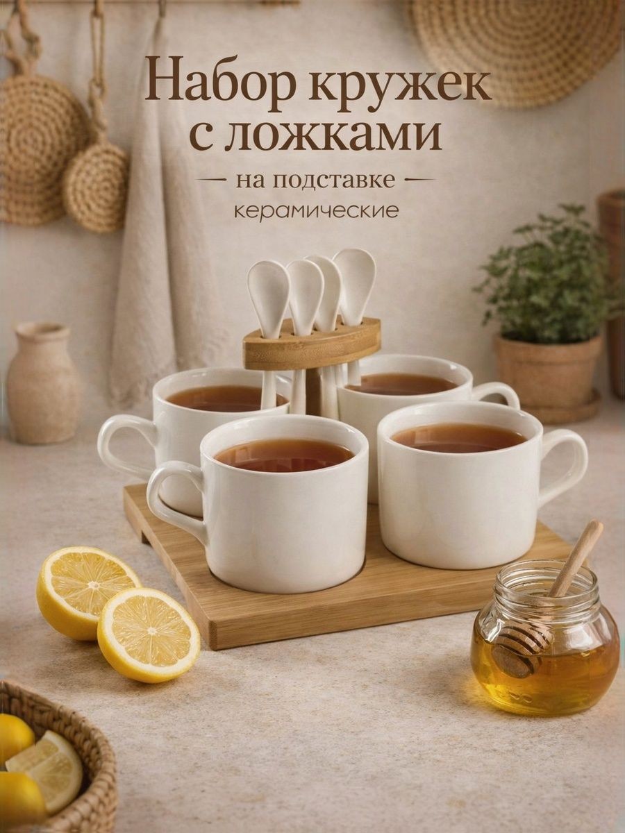 Набор кружек керамических с ложками для чая и кофе на деревянной подставке "Эстет", цвет белый, 4 шт, объем 150 мл, На фото — предложение продавца