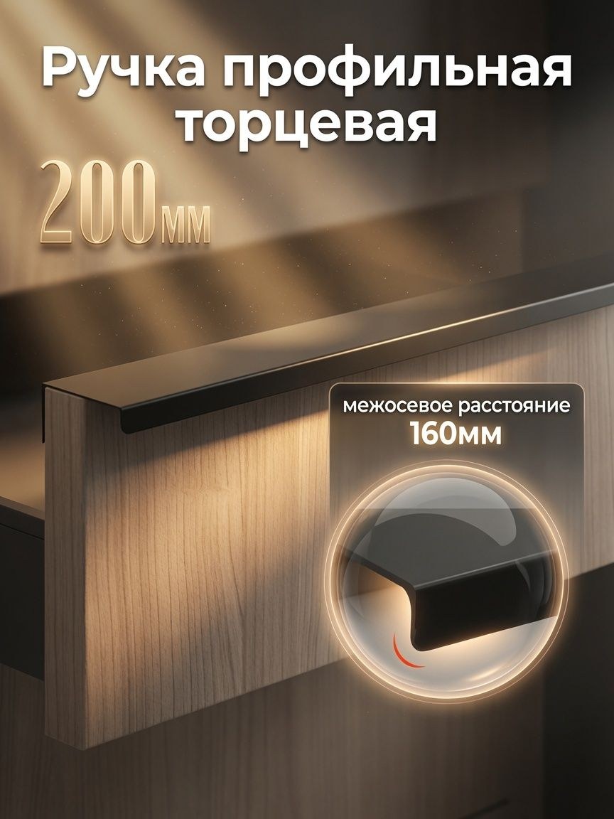 Ручка профильная мебельная торцевая, L 200 мм, м/о 160 мм, чёрная, На фото — предложение продавца