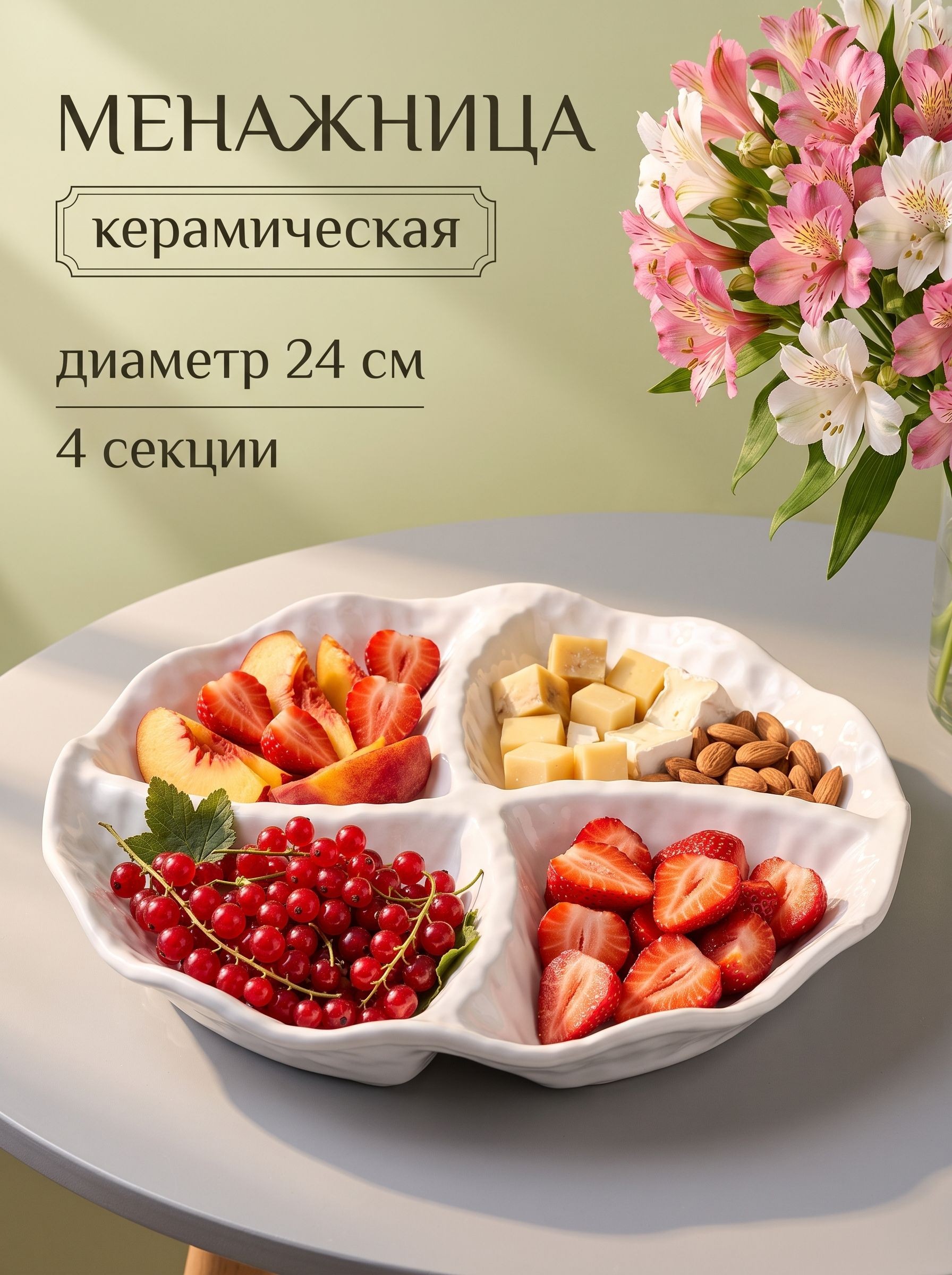 Менажница керамическая белая, 4 секции, размер 24х3,5 см, "Воздушность", На фото — предложение продавца