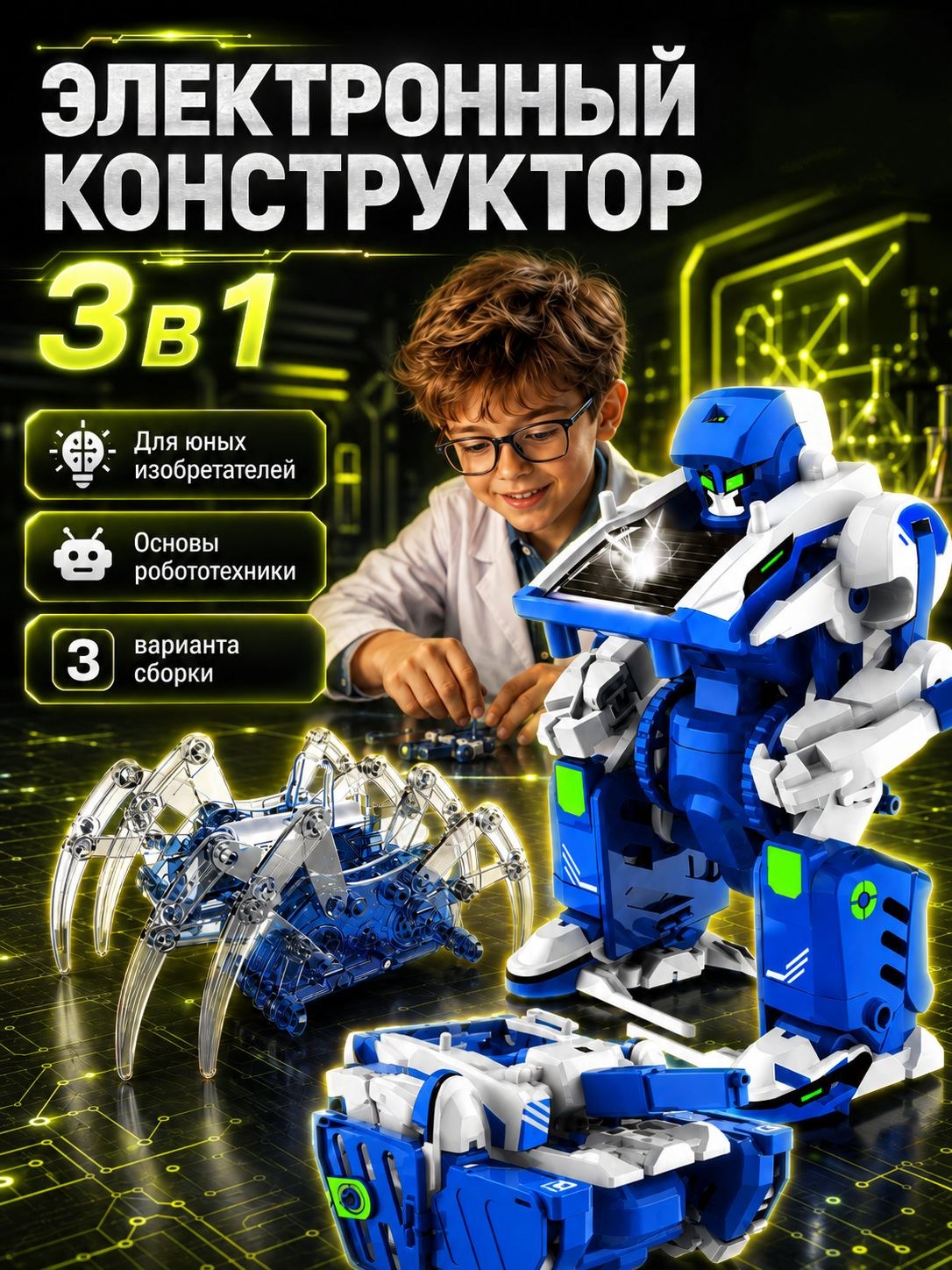 Электронный конструктор "3В1: Робот, танк и паук", подарок для мальчика, На фото — предложение продавца