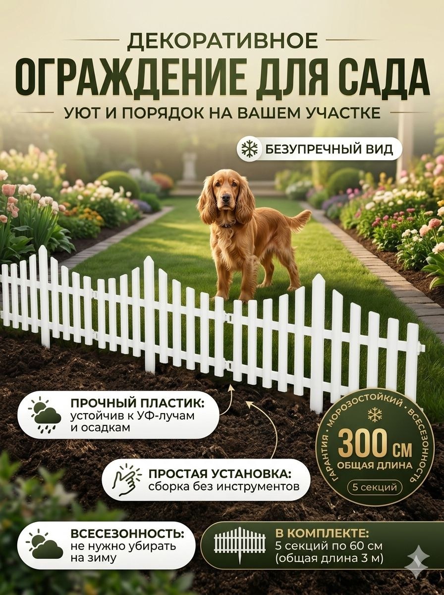 Ограждение садовое декоративное 30 300 см, 5 секций, пластиковое белое, бордюр для клумбы