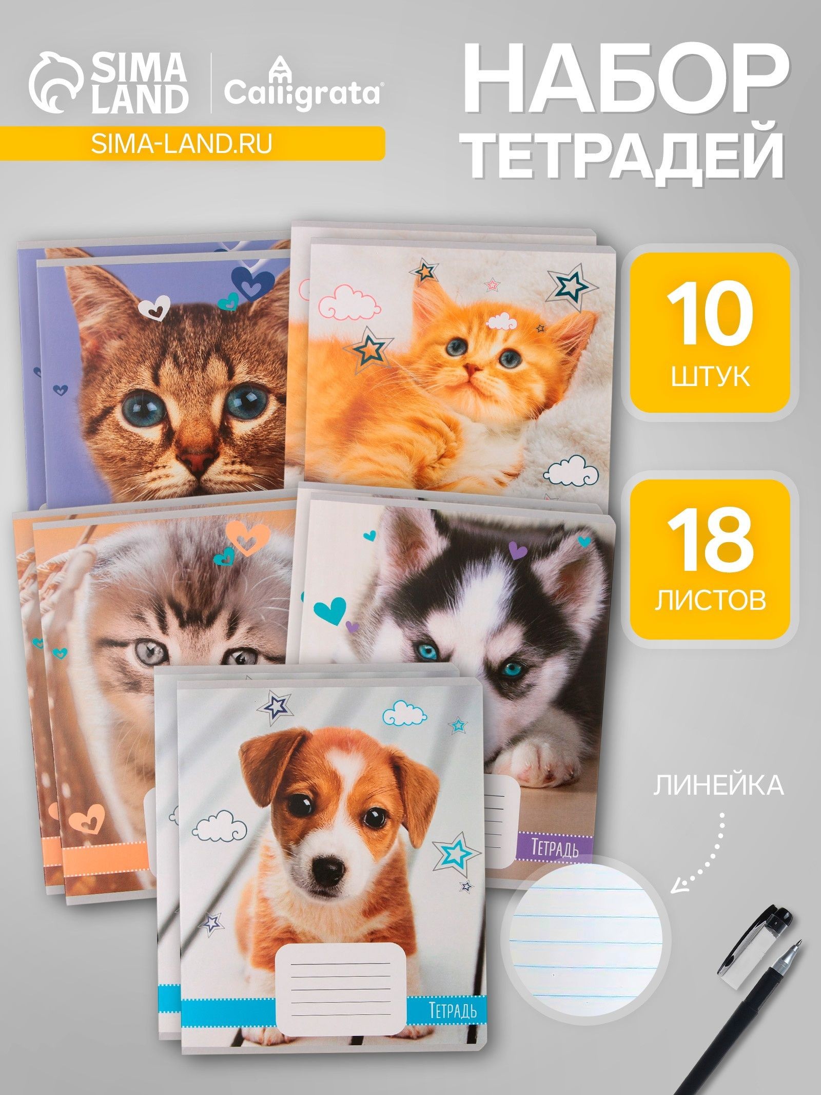 Комплект тетрадей из 10 штук, 18 листов в линию Calligrata Домашние животные , обложка мелованный картон, ВД-лак, блок офсет, 5 видов по 2 штуки
