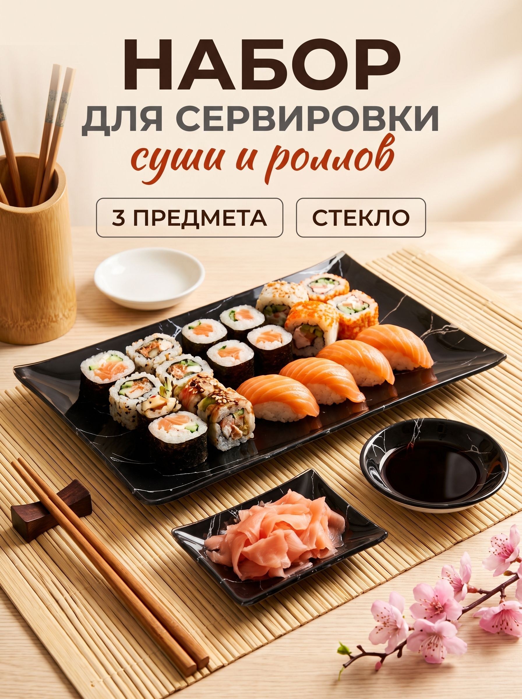 Сервировочный набор для суши Доляна "Марбл чёрный", 3 предмета: соусники, размер - 8х2 см, 8х6 см, подставка - размер 25х15 см, На фото — предложение продавца