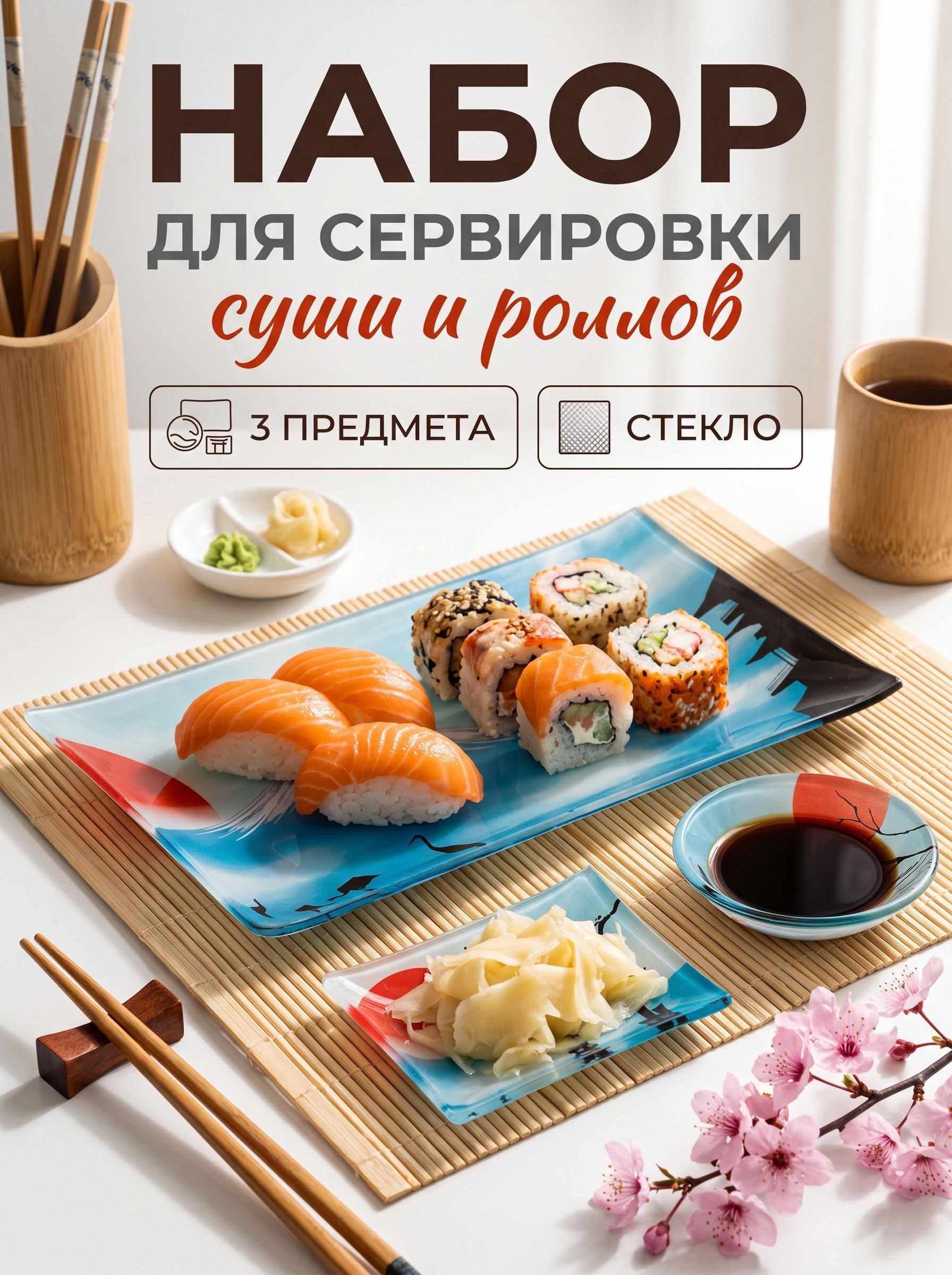 Набор посуды для сервировки стола, сервировочный набор для суши 3 предмета: соусники - размер 8х2 см, 8х6 см, блюдо для подачи- размер 25х15 см, Доляна "Журавль", На фото — предложение продавца