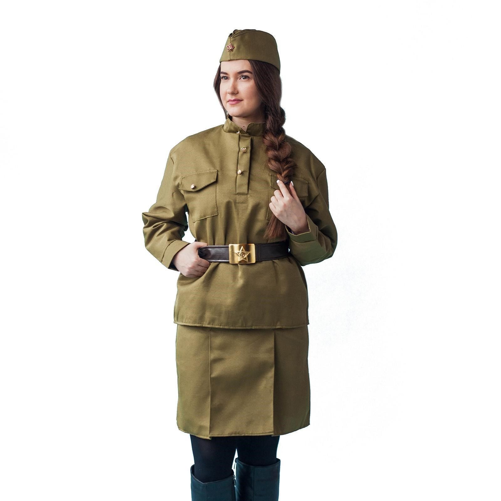 Костюм военного Страна Карнавалия "Солдаточка люкс", женский, пилотка, гимнастерка, юбка, ремень, размер 48-50, рост 170 см, На фото — предложение продавца