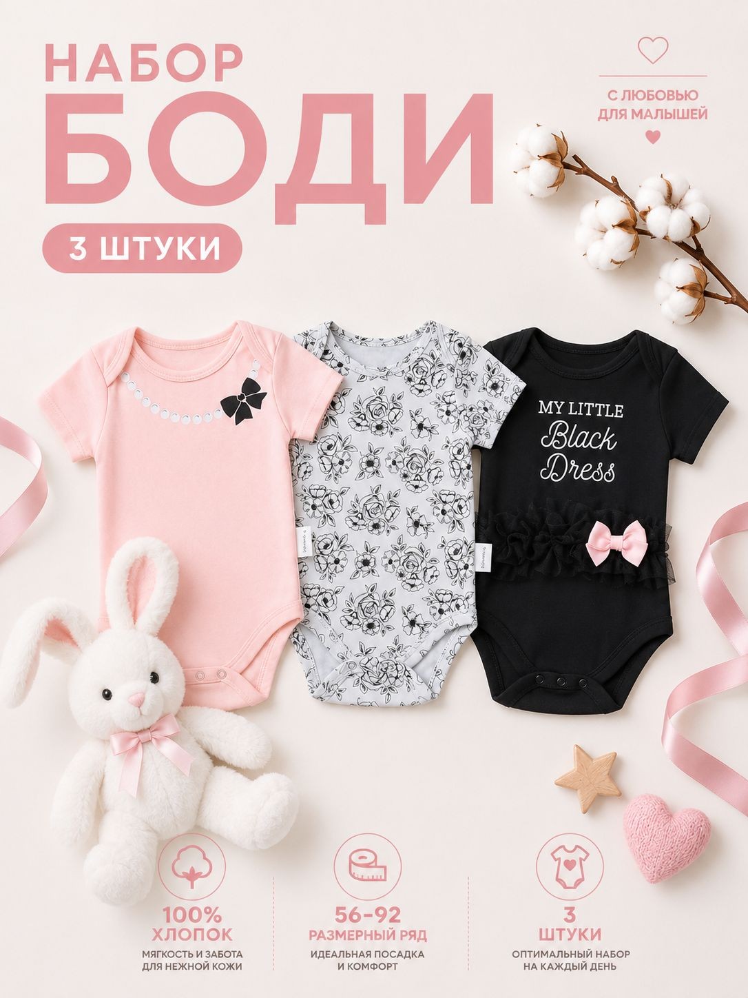 Боди для новорождённых с коротким рукавом Крошка Я Dress, набор 3 шт., рост 56-62 см, На фото — предложение продавца